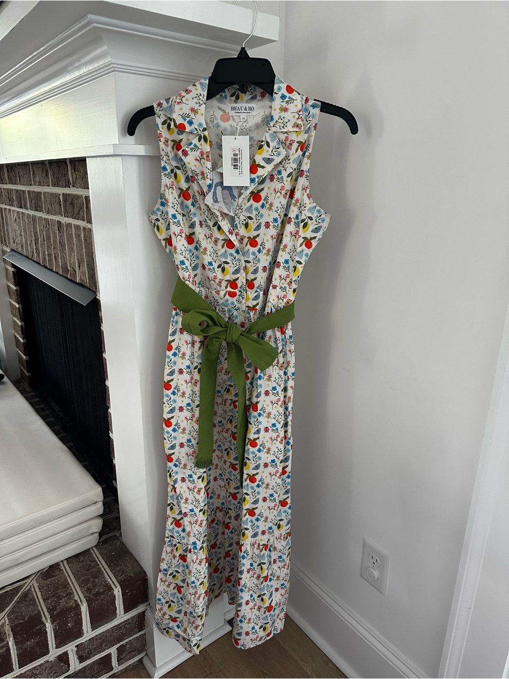 Beau & Ro Eliza dress Bugs and Fruit on white dress with green tie belt NWT